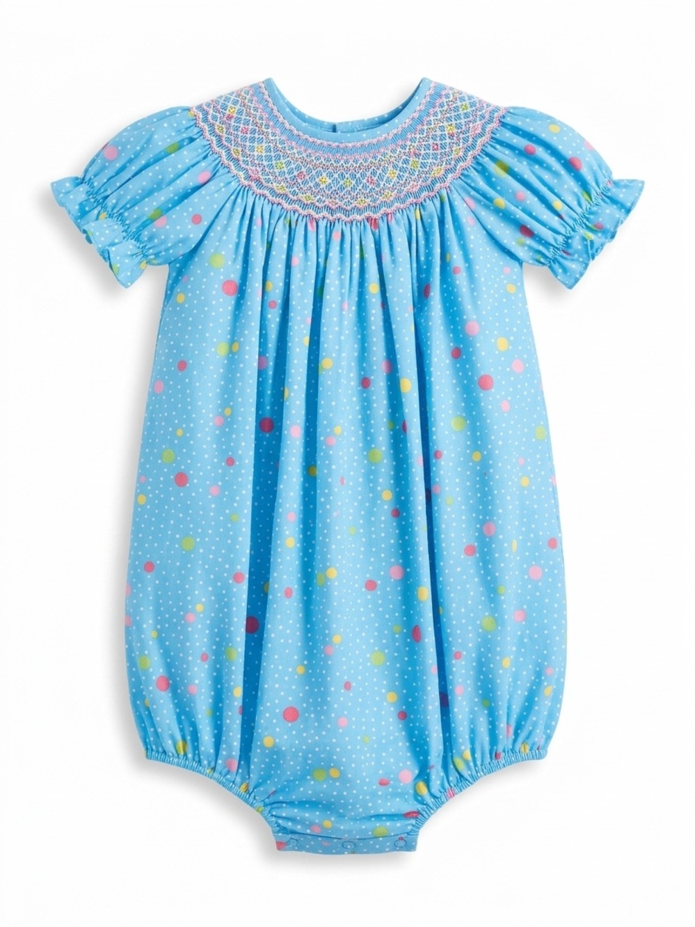 Classic Whimsy Blue Polka Dot Smocked Baby Bubble Romper - Size 3